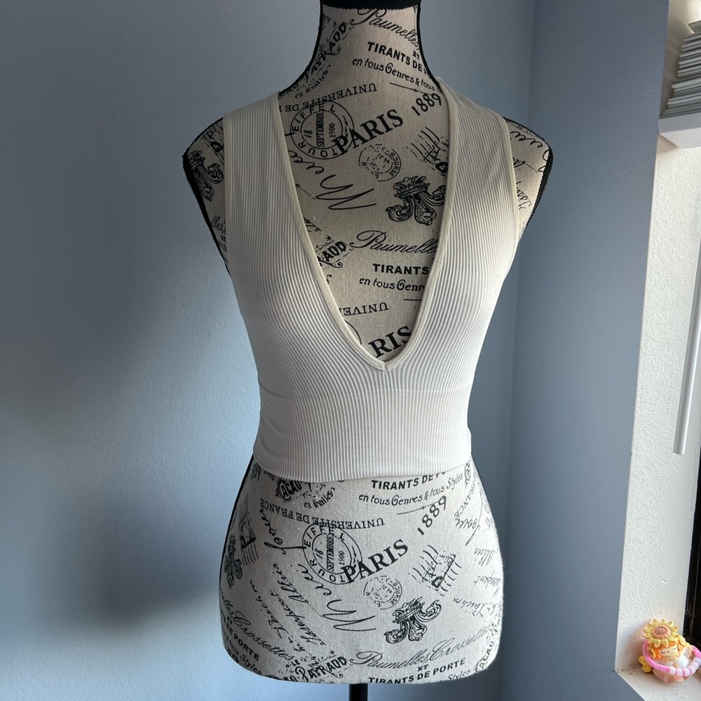 Urban Outfitters Cream Ribbed Deep Plunge Tank Top